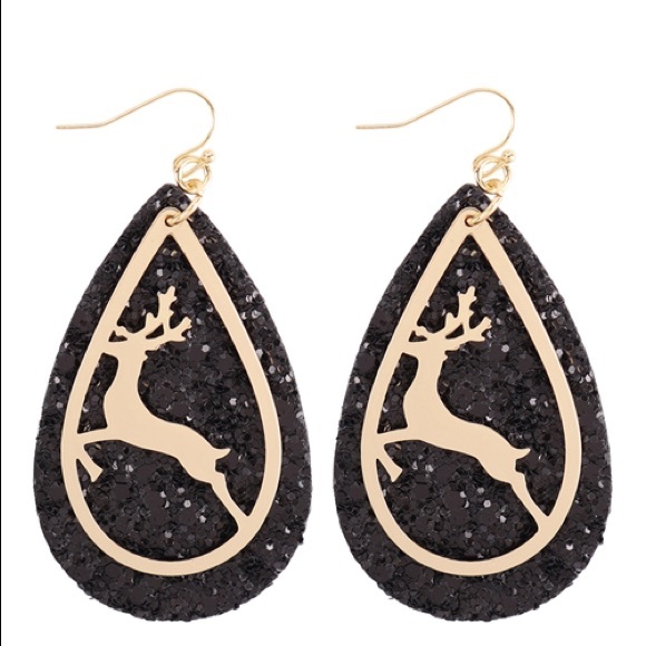 Gold reindeer black glitter tear drop statement Christmas earrings - Picture 2 of 2